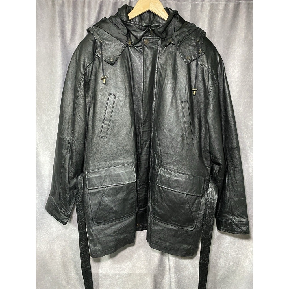 Cougar Coat Mens 2XL Leather Belted Trench Black Pockets Lined Hooded Vintage